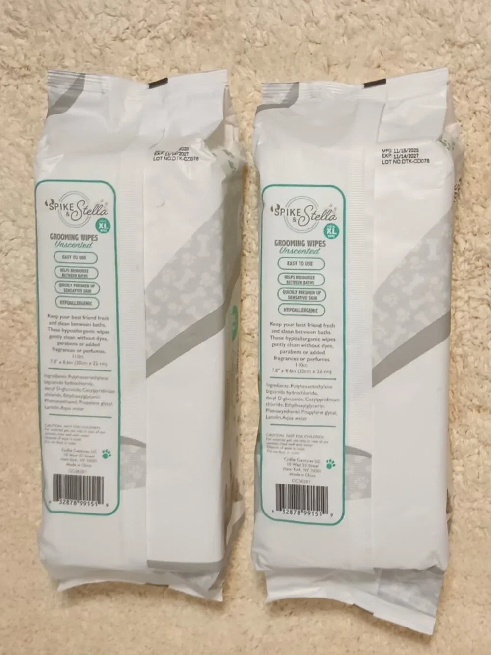 2 NEW packages of Spike & Stella Unscented XL Grooming Wipes,Total of 220 Wipes